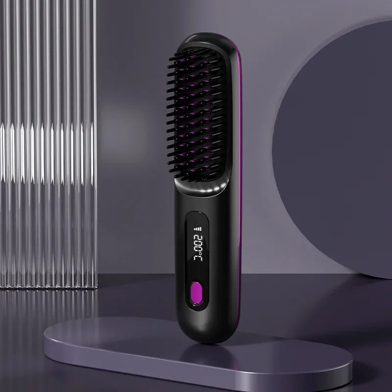 Black wireless hair straightening comb with pink power button and digital temperature screen