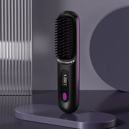 Black wireless hair straightening comb with pink power button and digital temperature screen