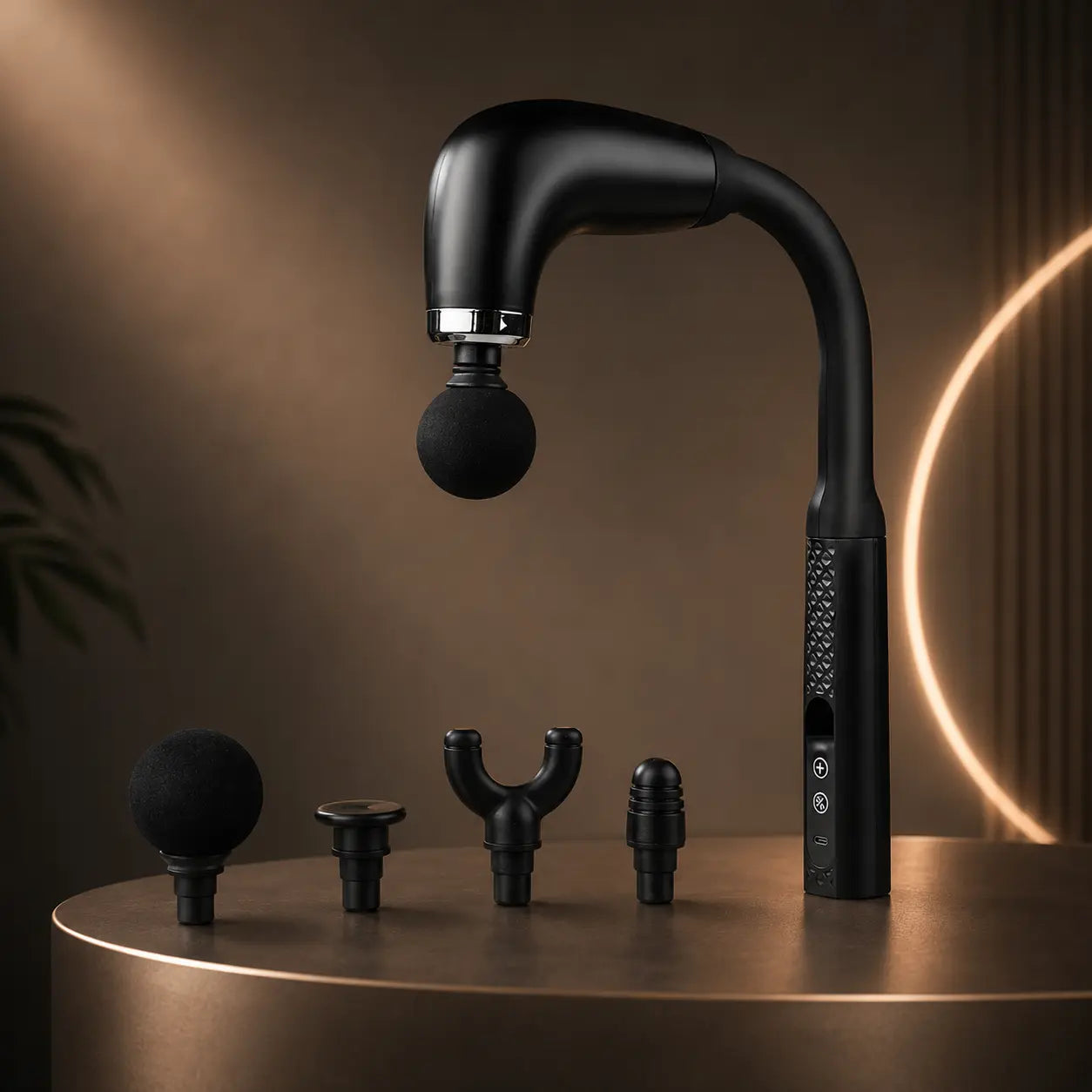 Black cordless massage gun with extended hook handle and 4 interchangeable massage head attachments