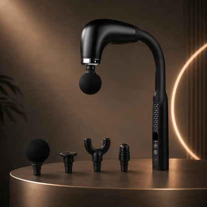 Black cordless massage gun with extended hook handle and 4 interchangeable massage head attachments