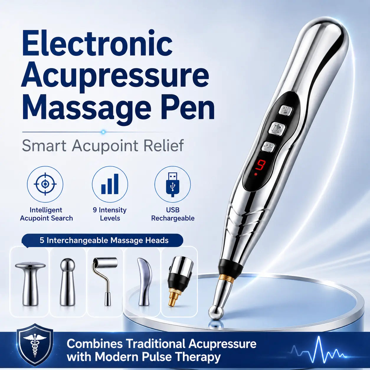 Electric acupressure massage pen in silver with digital display, 5 interchangeable massage heads and USB charging