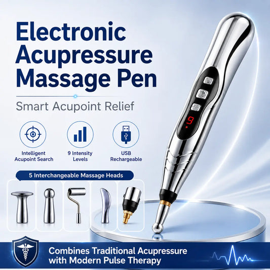 Electric acupressure massage pen in silver with digital display, 5 interchangeable massage heads and USB charging