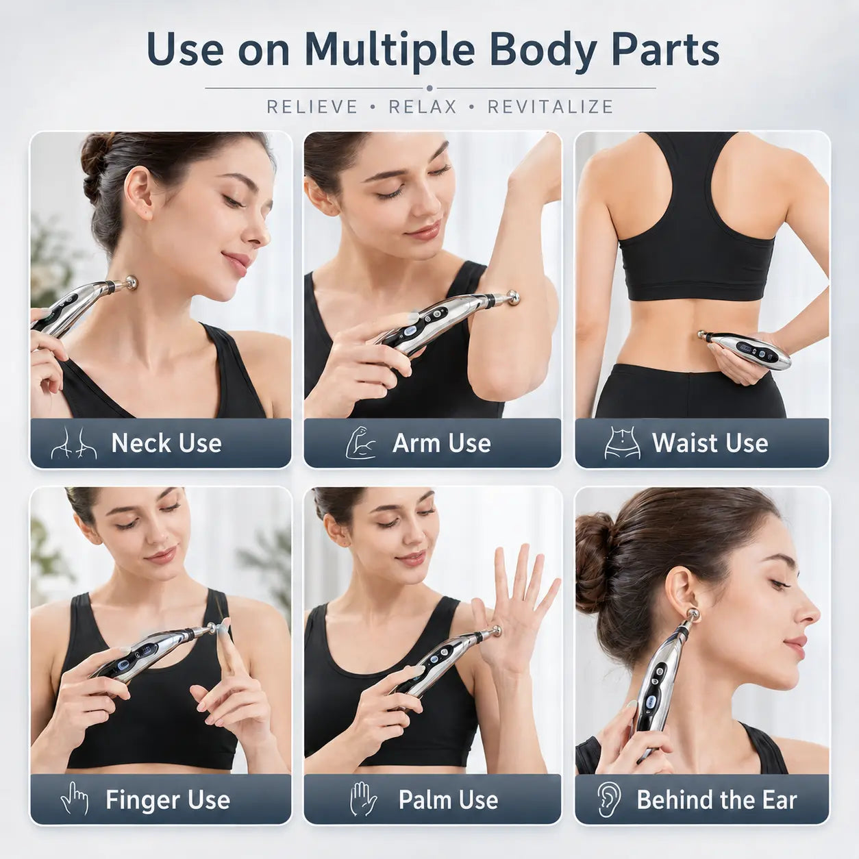 Acupressure massage pen used on neck, arm, waist, finger, palm and behind the ear to relieve and relax