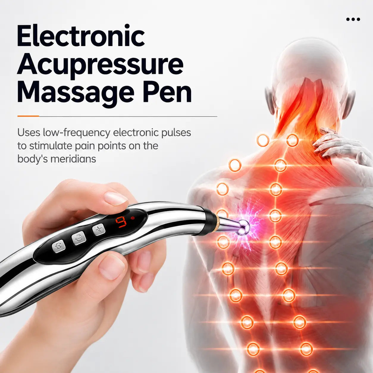 Handheld acupressure massage pen delivering low-frequency pulses along the back and neck