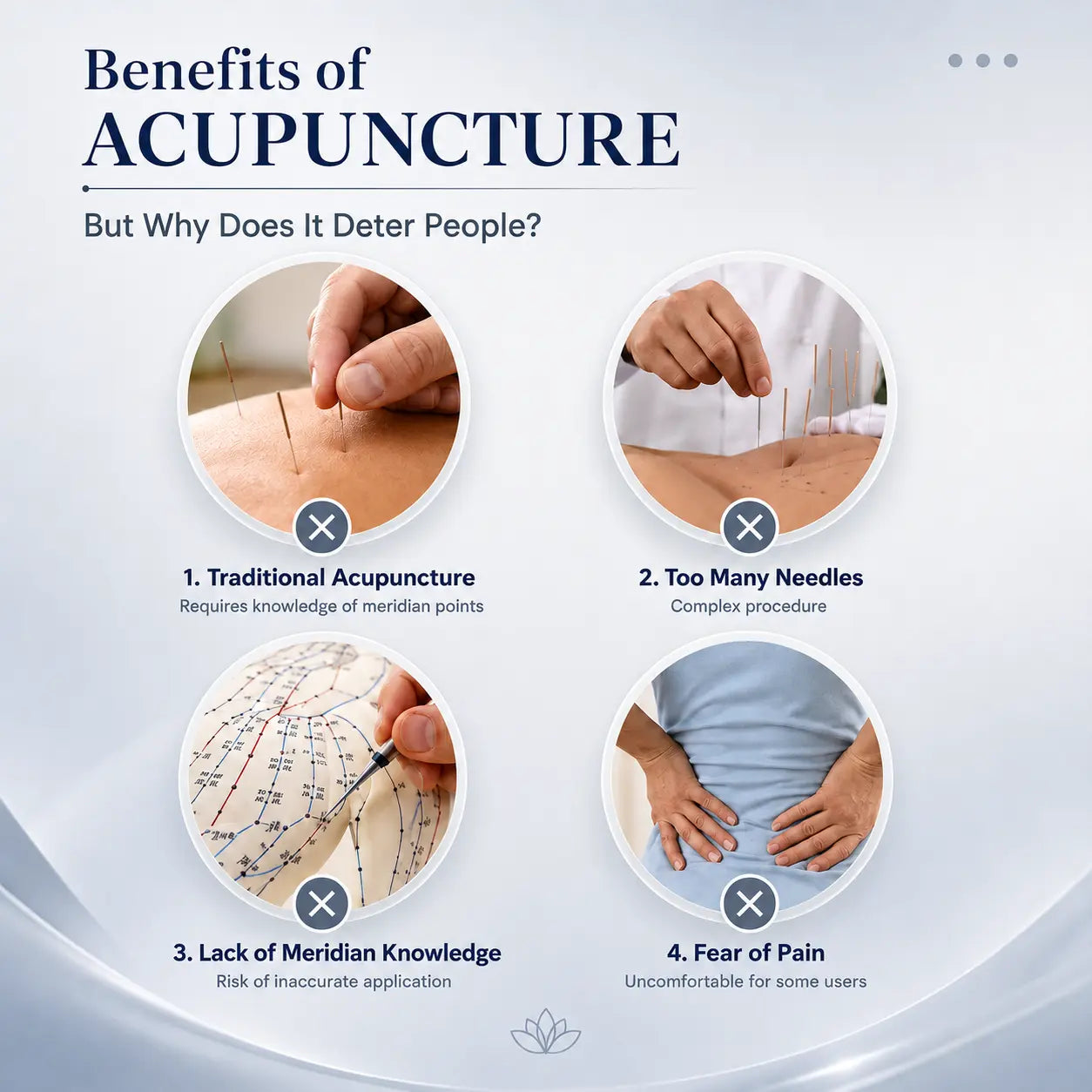 Infographic comparing traditional needle acupuncture drawbacks with a needle-free massage pen alternative