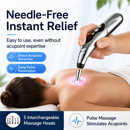 Needle-free acupressure massage pen giving a pulse massage on the upper back, no acupoint expertise needed