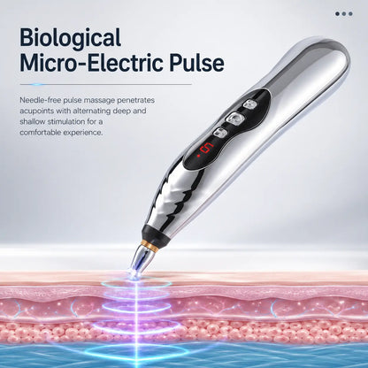 Acupressure massage pen showing micro-electric pulse penetrating skin layers for deep and shallow massage