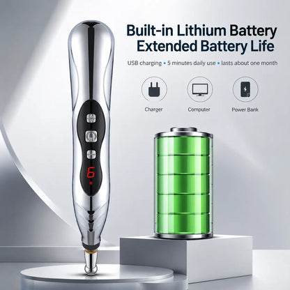 Acupressure massage pen with built-in USB-rechargeable lithium battery, charges via adapter, computer or power bank