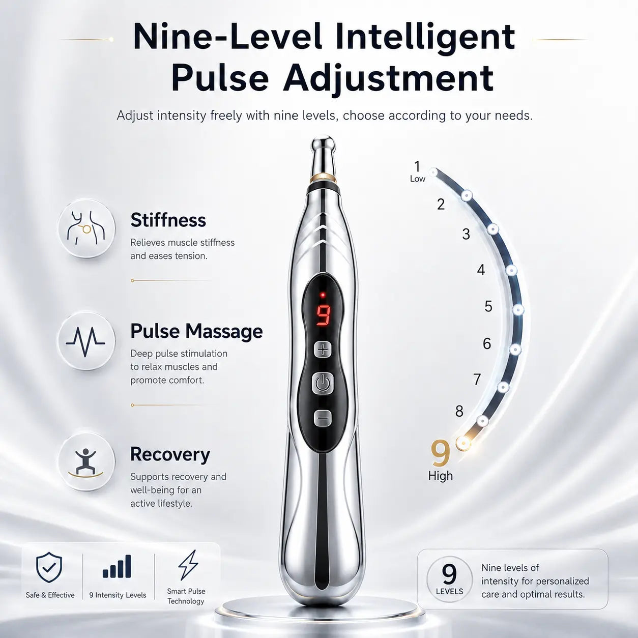 Acupressure massage pen with nine adjustable intensity levels for stiffness, pulse massage and recovery