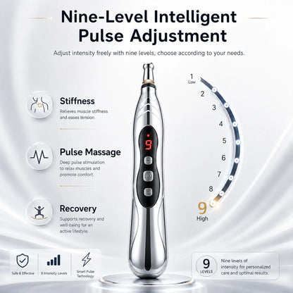 Acupressure massage pen with nine adjustable intensity levels for stiffness, pulse massage and recovery