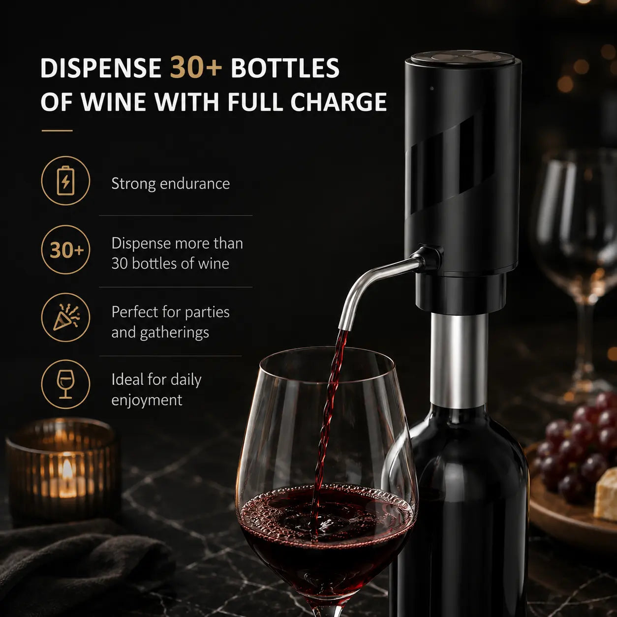 Electric wine aerator dispensing 30+ bottles per full charge, ideal for parties and daily use