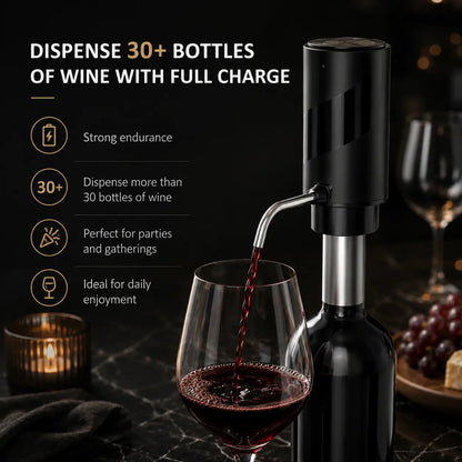 Electric wine aerator dispensing 30+ bottles per full charge, ideal for parties and daily use