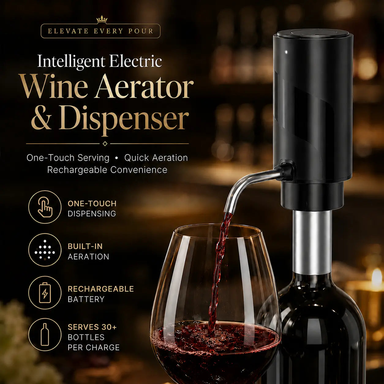 Intelligent electric wine aerator and dispenser pouring aerated red wine into a glass, with one-touch and rechargeable features