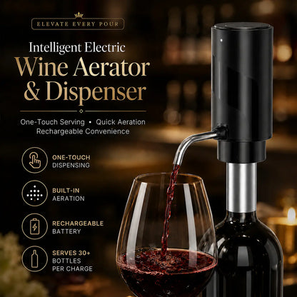Intelligent electric wine aerator and dispenser pouring aerated red wine into a glass, with one-touch and rechargeable features