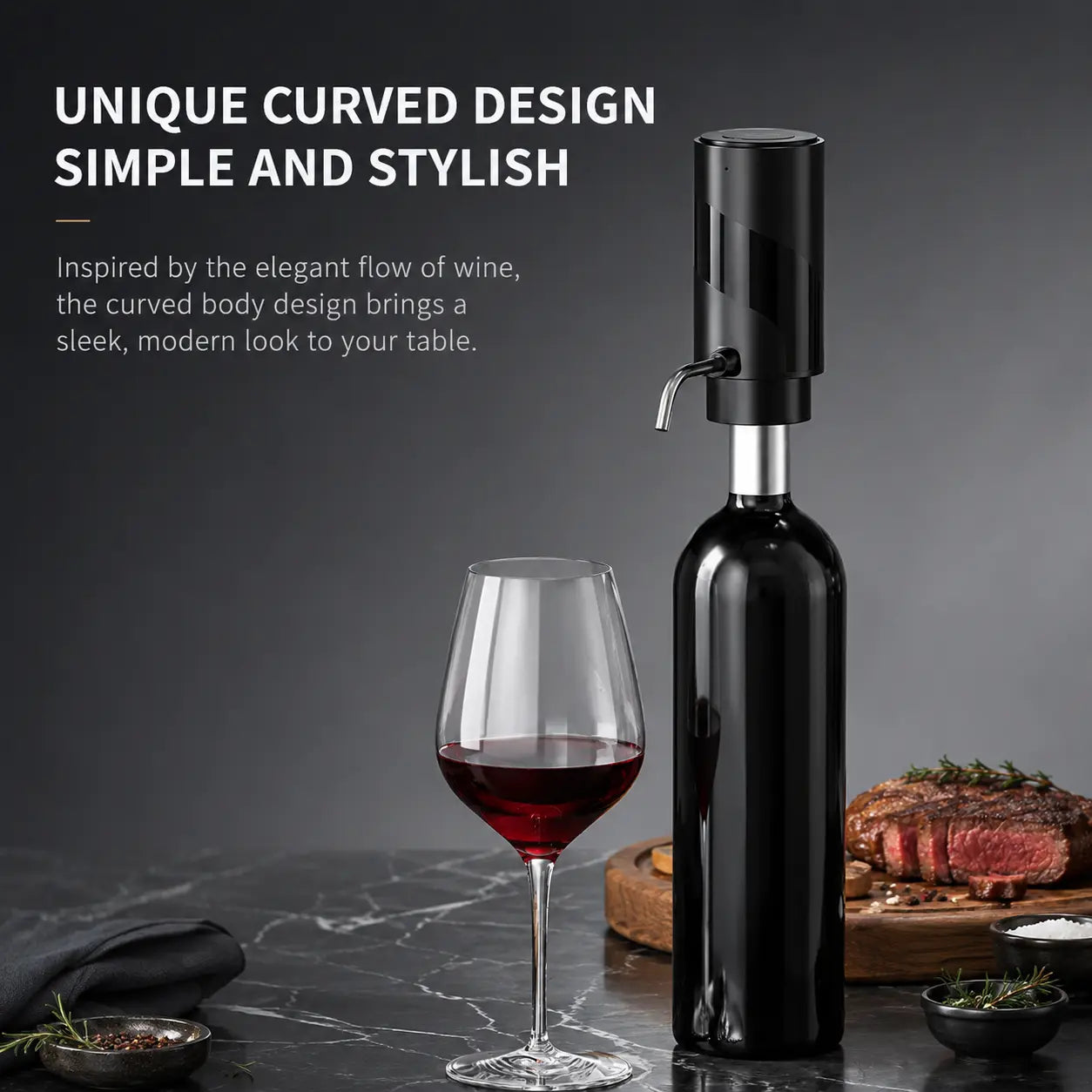 Black electric wine aerator dispenser with curved design on a wine bottle beside a glass of red wine and steak