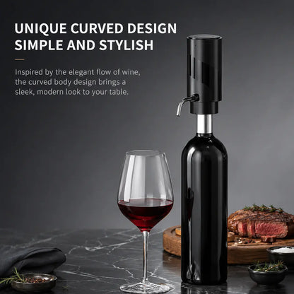 Black electric wine aerator dispenser with curved design on a wine bottle beside a glass of red wine and steak