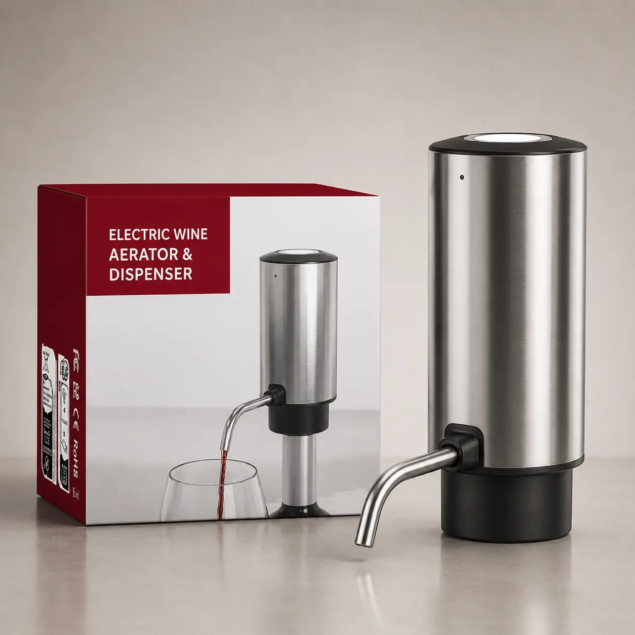 Stainless steel electric wine aerator and dispenser next to its retail packaging box