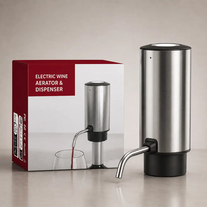 Stainless steel electric wine aerator and dispenser next to its retail packaging box