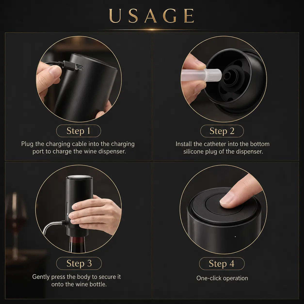 Electric wine aerator usage guide showing charging, tube install, bottle attachment and one-touch operation steps