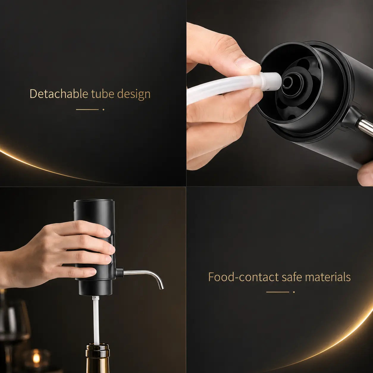 Electric wine dispenser detachable tube design made from food-contact safe materials, shown being assembled