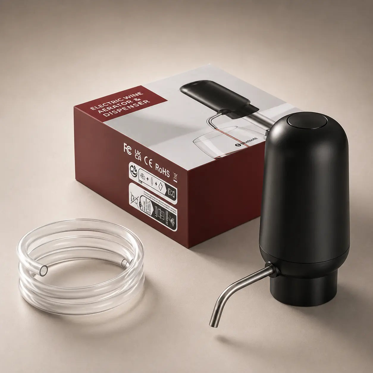 Electric wine aerator and dispenser with retail box, silicone suction tube and stainless steel spout