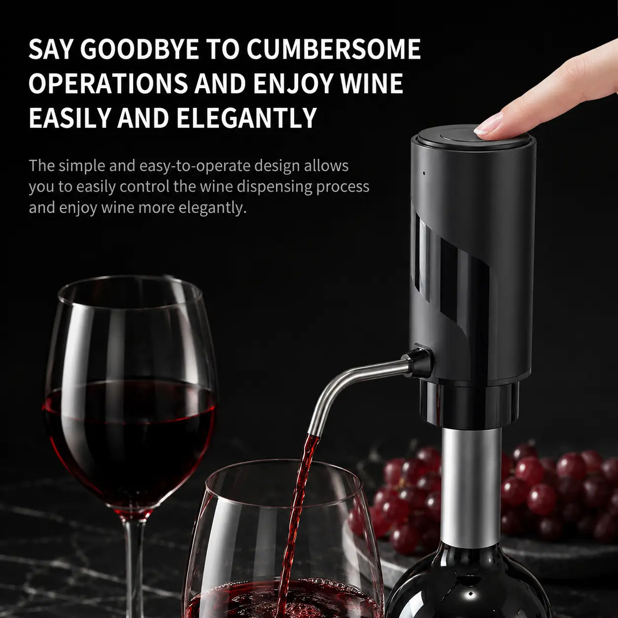 Electric wine aerator dispenser on bottle with one-touch button pouring red wine into glass