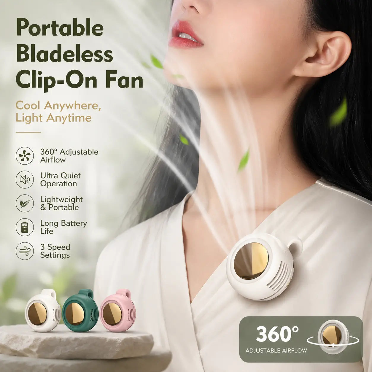Portable bladeless clip-on fan in white with 360° adjustable airflow, shown in green, white and pink