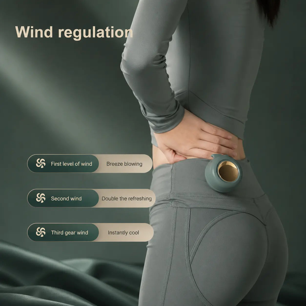 Green bladeless clip-on fan showing internal turbine and 360° global airflow, not blowing directly