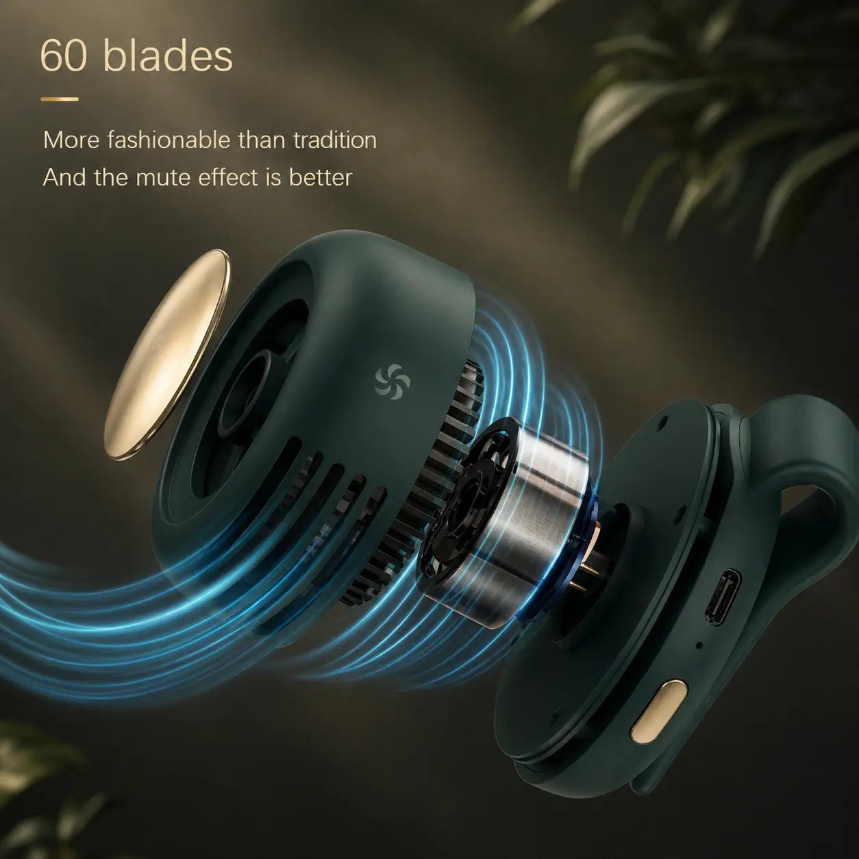 Green portable bladeless clip-on fan with gold air outlet and silicone clip, product close-up