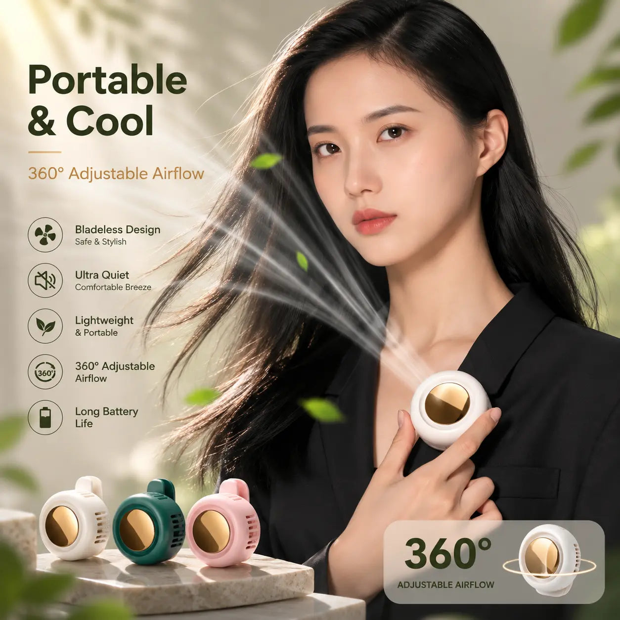 Woman using white portable bladeless clip-on fan with 360° adjustable airflow, bladeless and ultra quiet