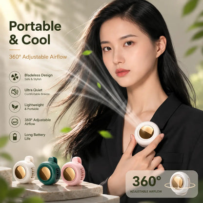 Woman using white portable bladeless clip-on fan with 360° adjustable airflow, bladeless and ultra quiet