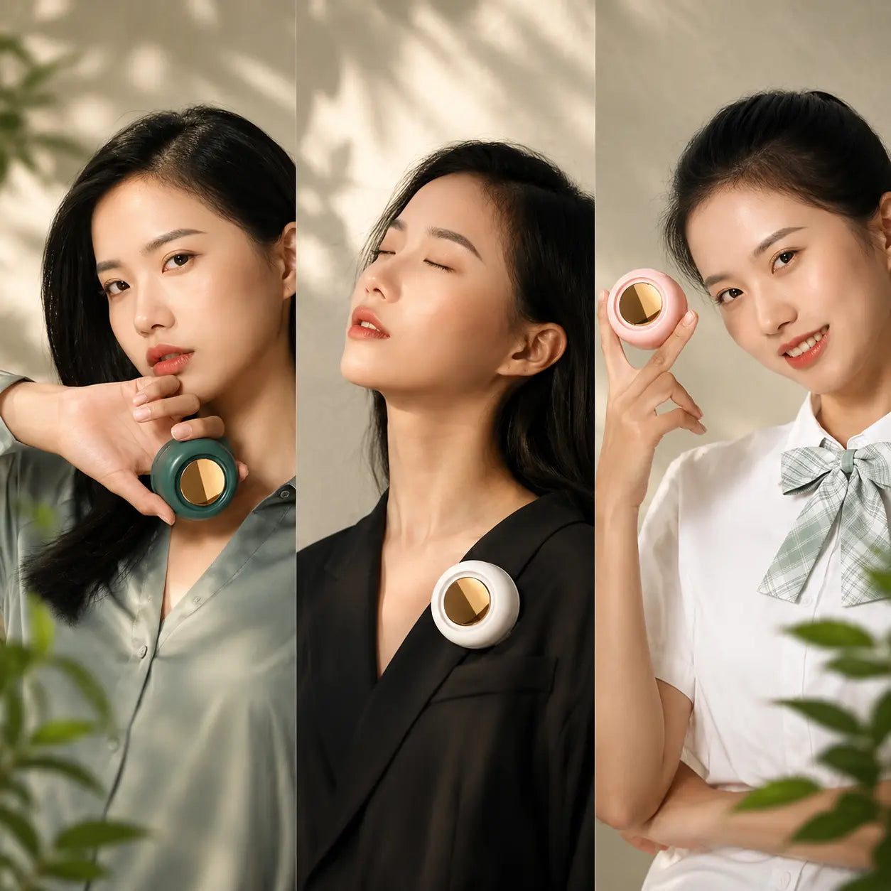 Three women using green, white and pink portable bladeless clip-on fans in daily wear