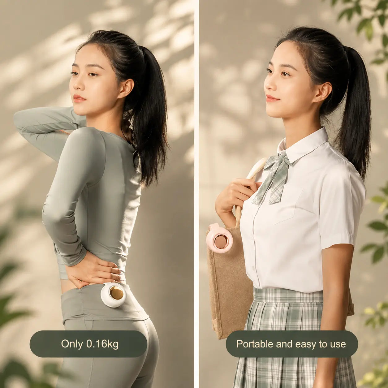 Lightweight portable bladeless clip-on fan clipped to a waistband and tote bag for on-the-go cooling