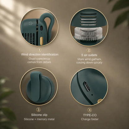 Woman in activewear wearing waist-mounted bladeless clip-on fan with 360° cooling airflow