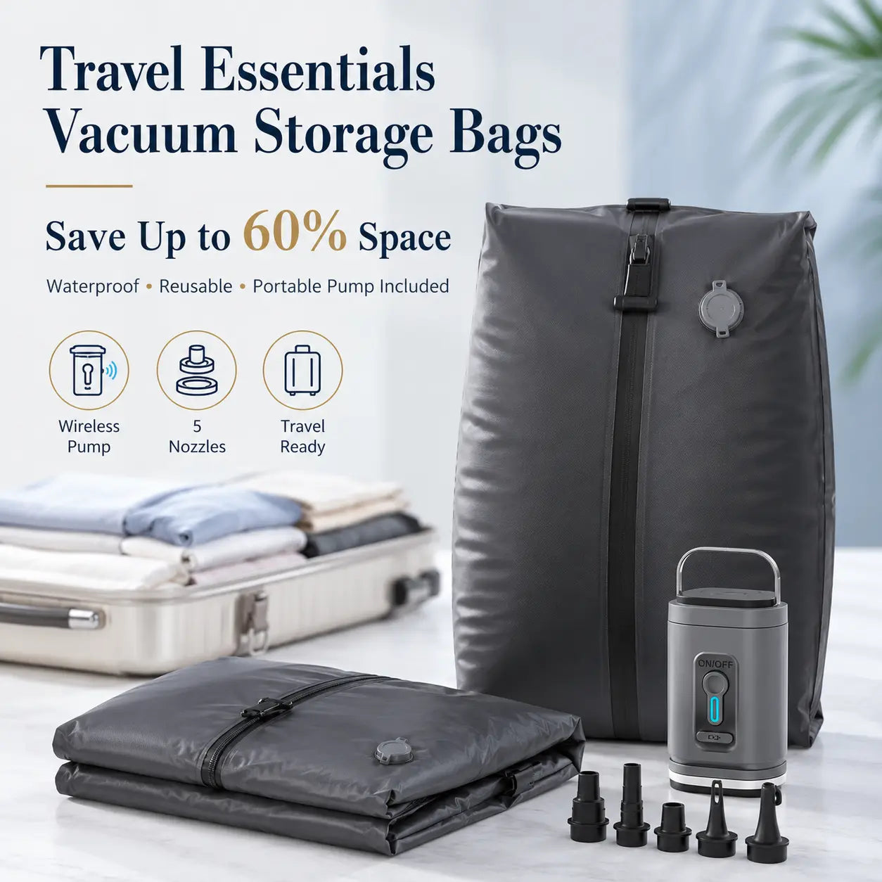 Travel Essentials vacuum storage bags with portable wireless pump, saves up to 60% space, waterproof and reusable