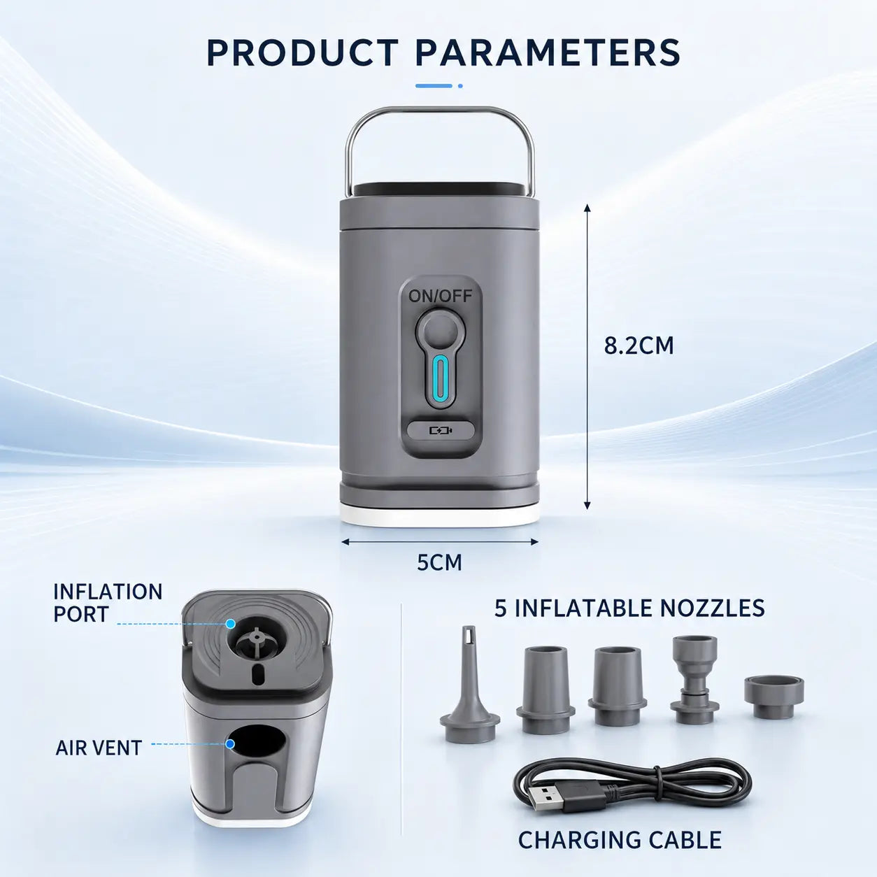 Wireless air pump parameters: 8.2cm x 5cm, inflation port, air vent, 5 nozzles and USB charging cable