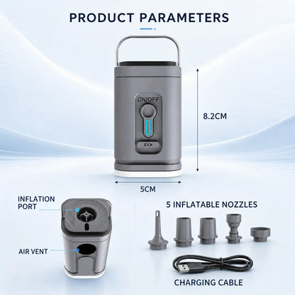 Wireless air pump parameters: 8.2cm x 5cm, inflation port, air vent, 5 nozzles and USB charging cable