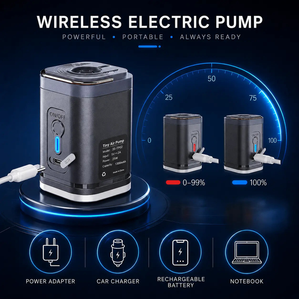 140g lightweight wireless air pump, compact enough to slip into clothing bags and backpacks