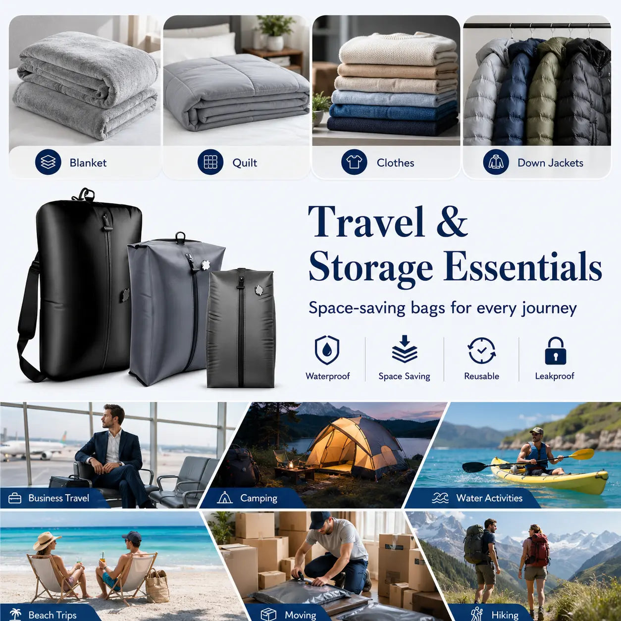 Vacuum storage bags for blankets, quilts, clothes and down jackets, ideal for travel, camping and moving