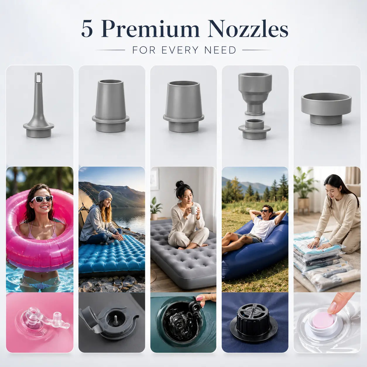 5 premium nozzles for swim rings, camping mats, air beds, air loungers and vacuum bags