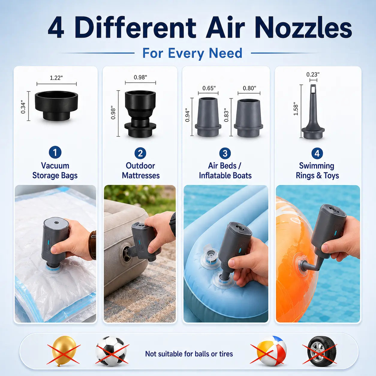 4 air pump nozzles for vacuum bags, outdoor mattresses, air beds and swimming rings, not for balls or tires