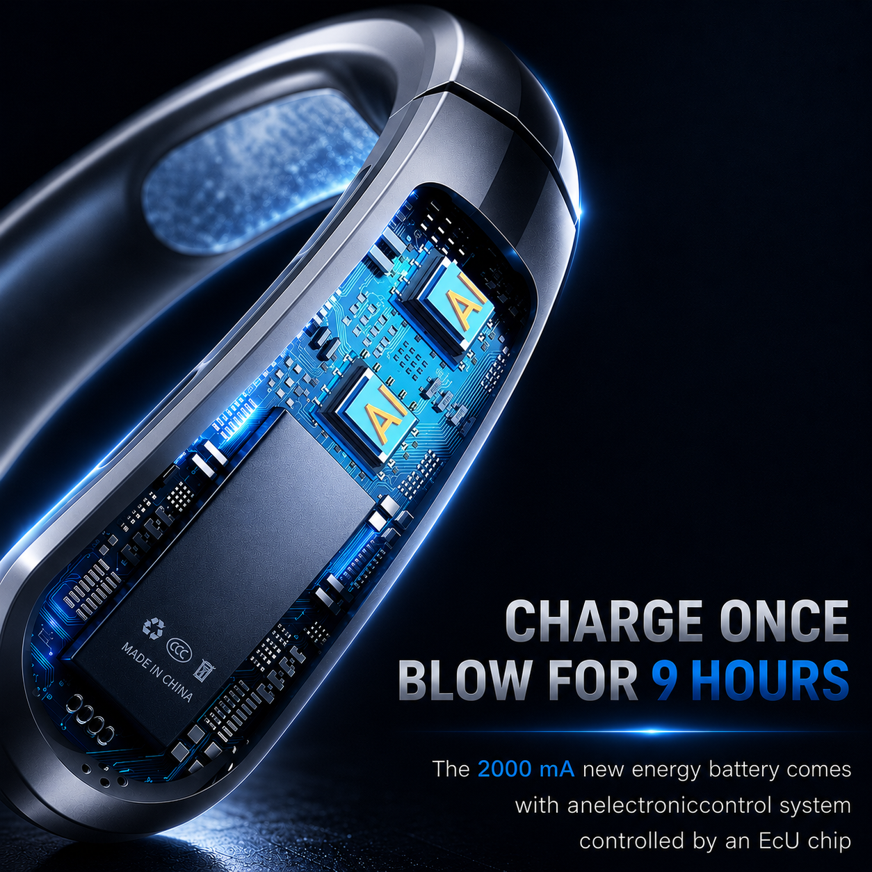 Cutaway of the neck fan's 8000mAh battery and control chip, rated for up to 9 hours of cooling