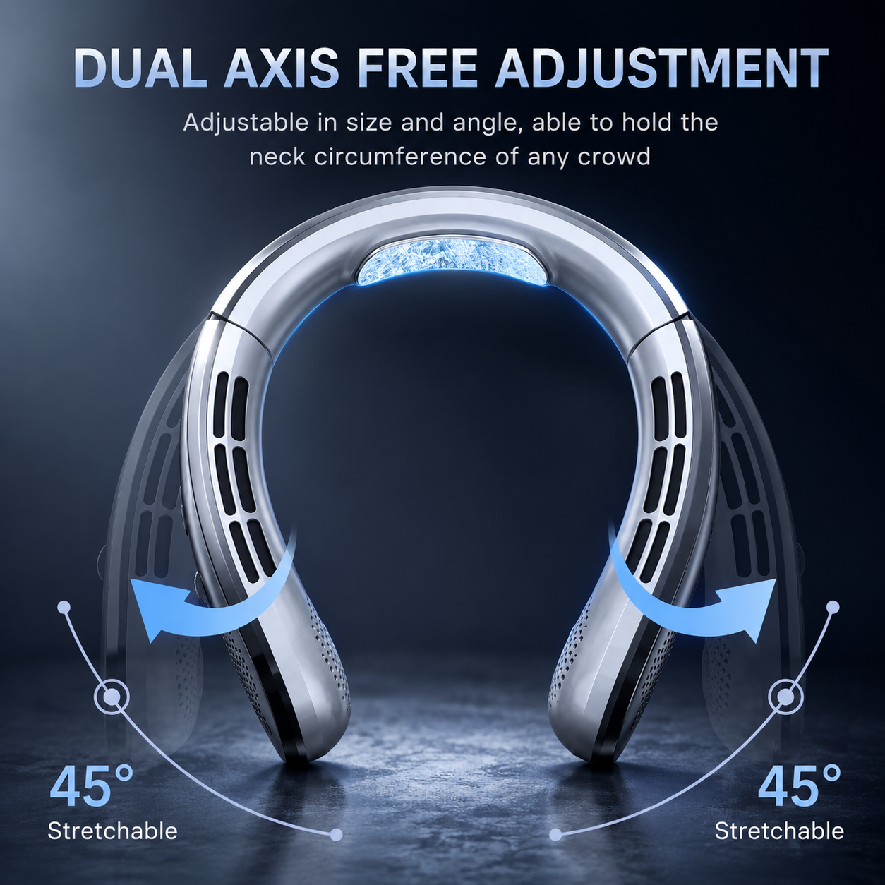 Bladeless neck fan showing 45-degree dual-axis angle and size adjustment to fit any neck