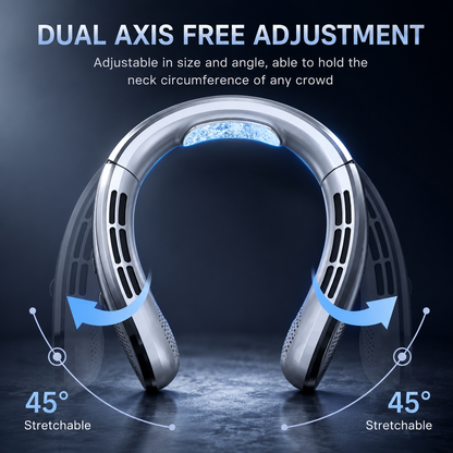 Bladeless neck fan showing 45-degree dual-axis angle and size adjustment to fit any neck