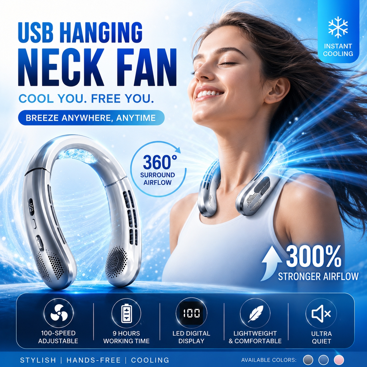 Bladeless neck fan on icy rocks, with icons for instant cooling, 9-hour battery and angle adjustment
