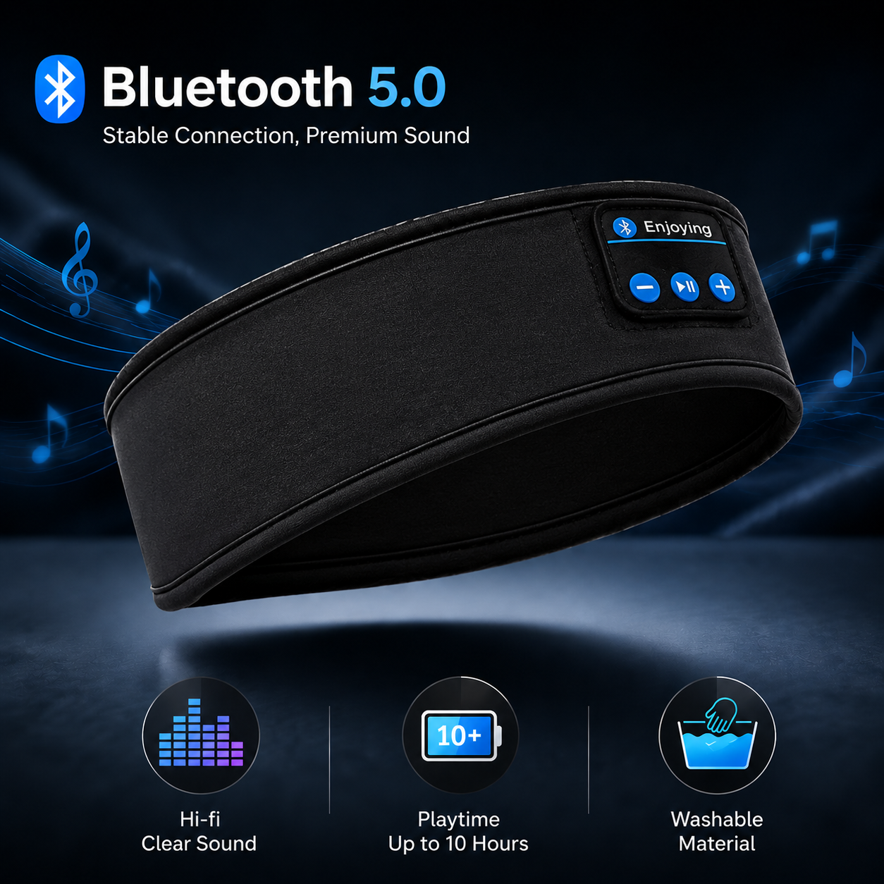 Black Bluetooth sleep headband with controls, showing 10-hour playtime and washable design