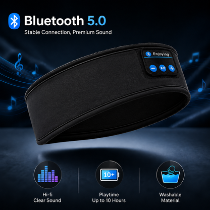 Black Bluetooth sleep headband with controls, showing 10-hour playtime and washable design