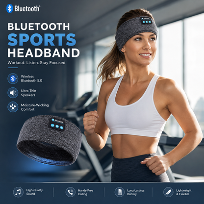 Woman on a gym treadmill wearing the gray sports headband