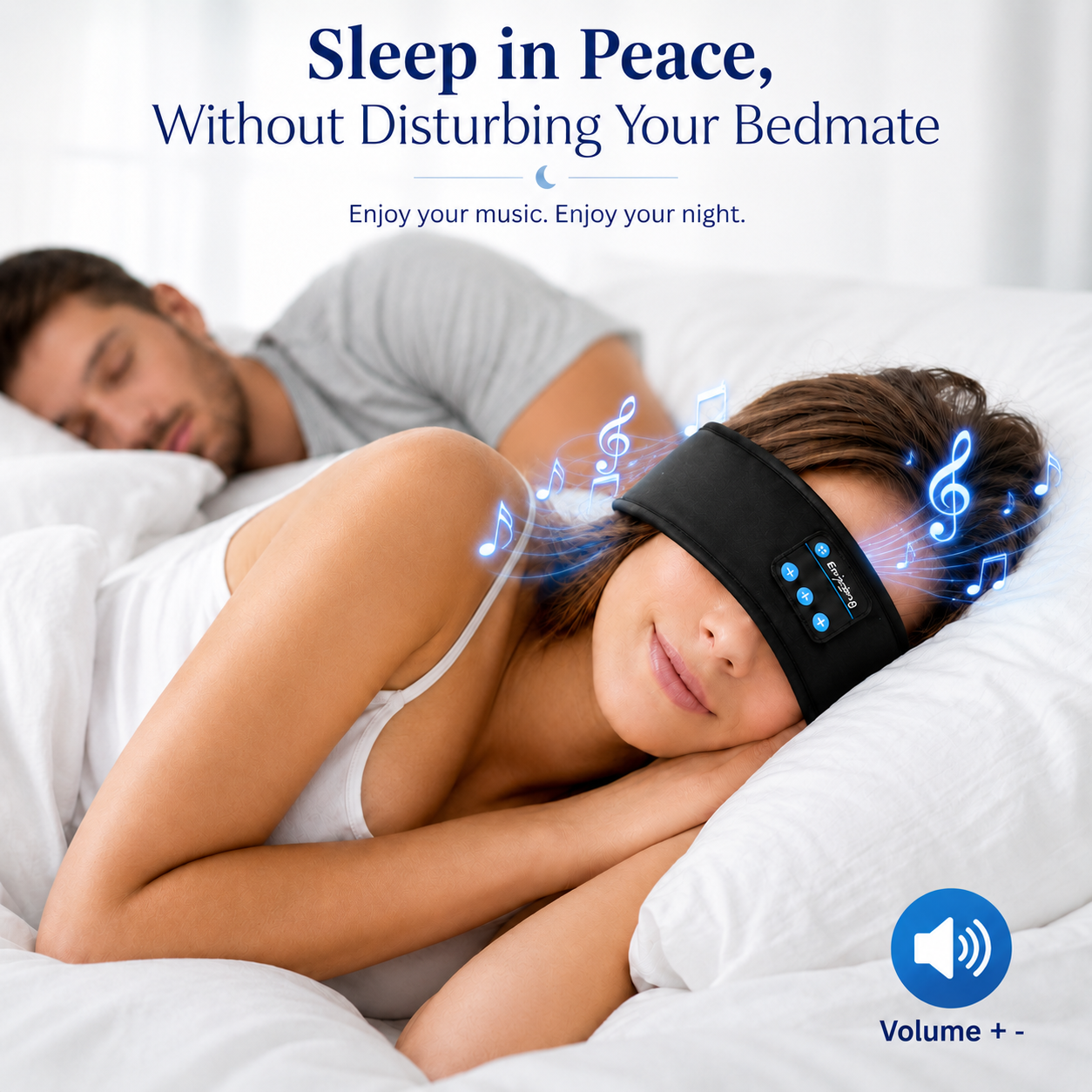 Woman sleeping on her side wearing the headband as an eye mask, partner asleep beside her
