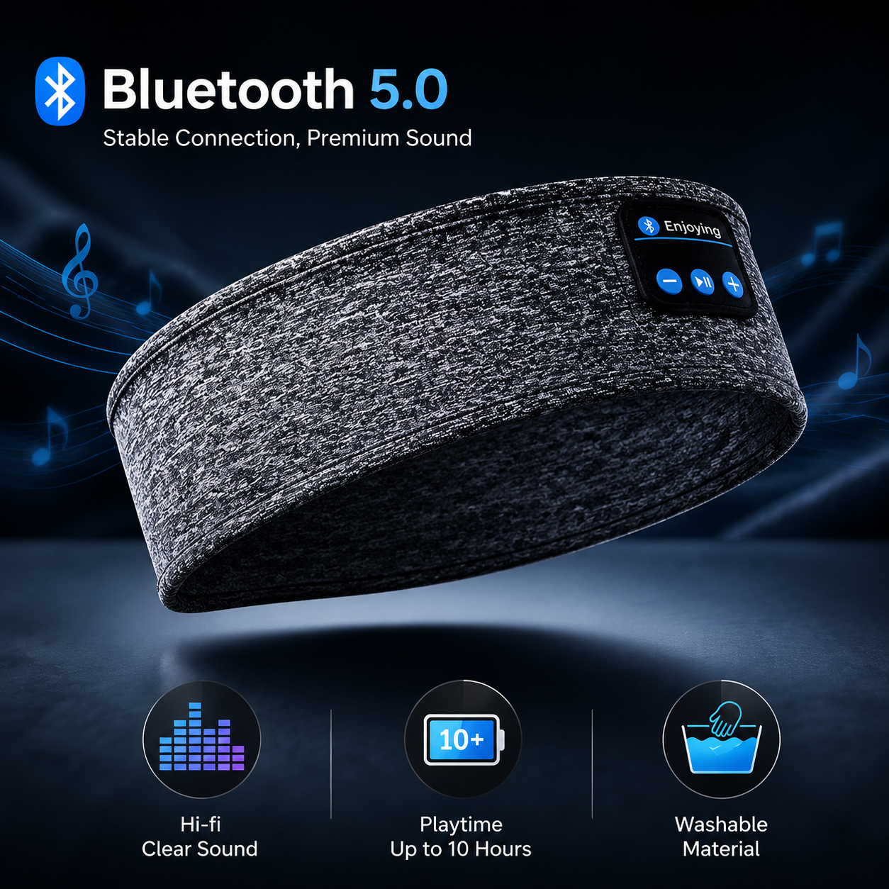 Gray Bluetooth sleep headband with built-in speakers and control buttons